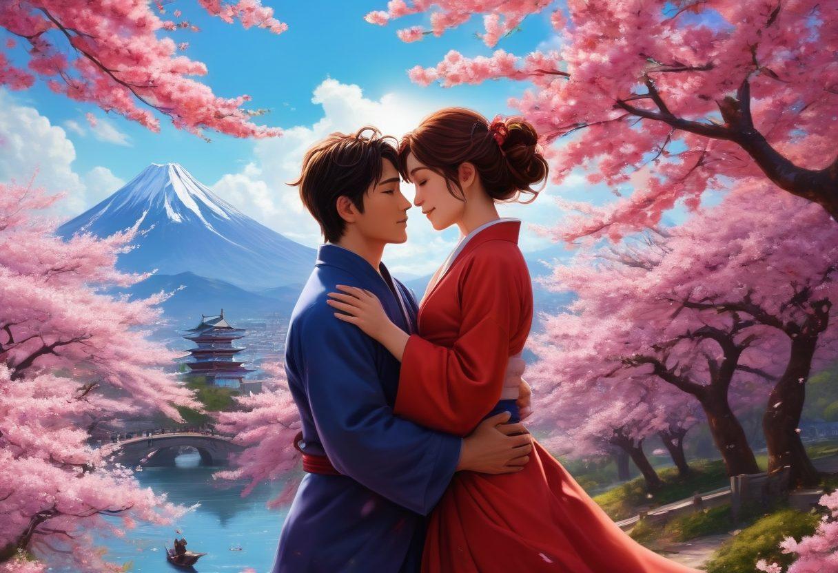 A vibrant, dynamic scene featuring a couple in an embrace, surrounded by swirling cherry blossoms, indicative of romance and passion. In the background, glimpses of iconic anime elements like fantastical landscapes and energetic characters in motion. The couple's expressions reflect joy and love, while the overall color scheme is bold and spicy to match the theme of anime. Mix of fantasy and realism elements. vibrant colors. super-realistic.