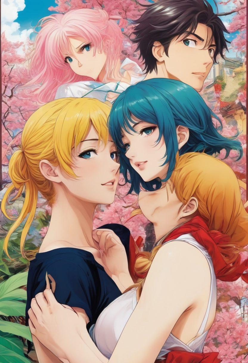A dynamic and colorful collage depicting iconic scenes from both hentai and ecchi genres of adult manga, showcasing vivid characters with playful expressions in a lush fantasy setting. Include elements like exaggerated emotions, romantic interactions, and iconic manga panels artistically blended together, reflecting the diverse styles and themes. Vibrant colors. Comic book style. High detail.